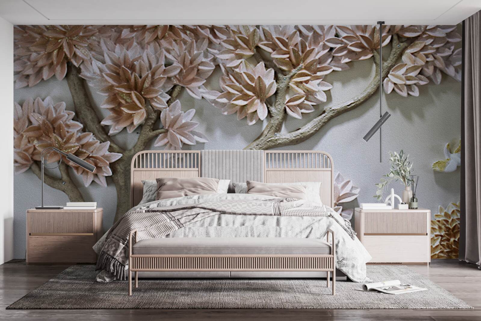 Fotobehang majestueuze boom met bladeren en vogels