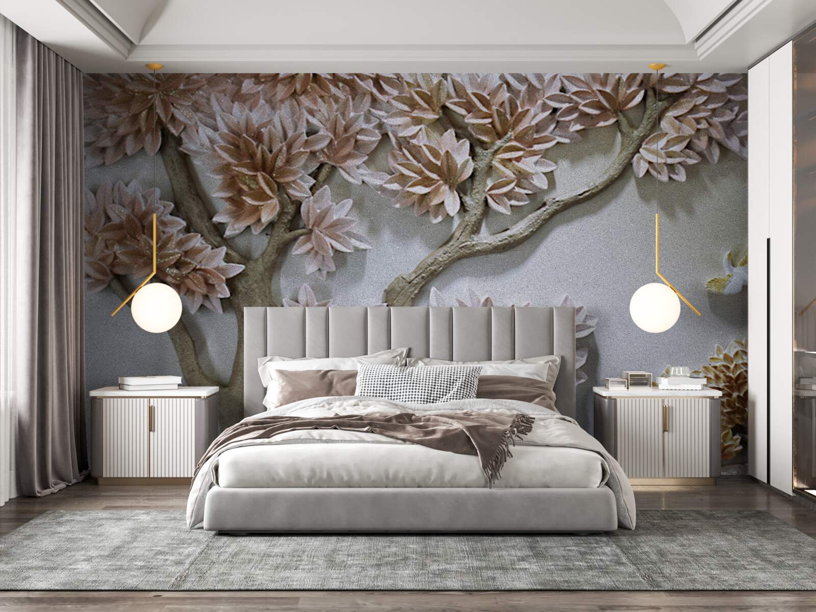 Fotobehang majestueuze boom met bladeren en vogels