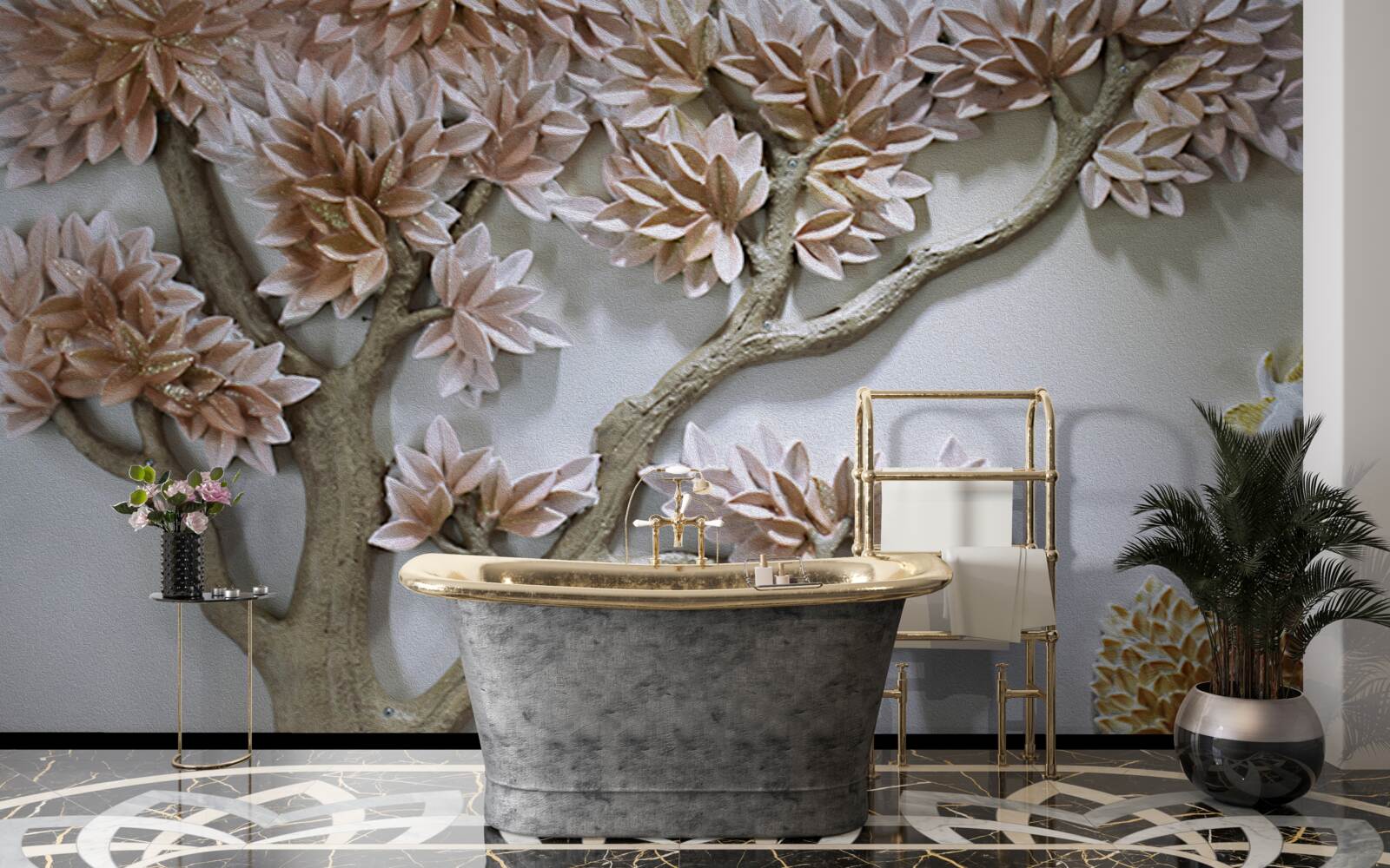 Fotobehang majestueuze boom met bladeren en vogels