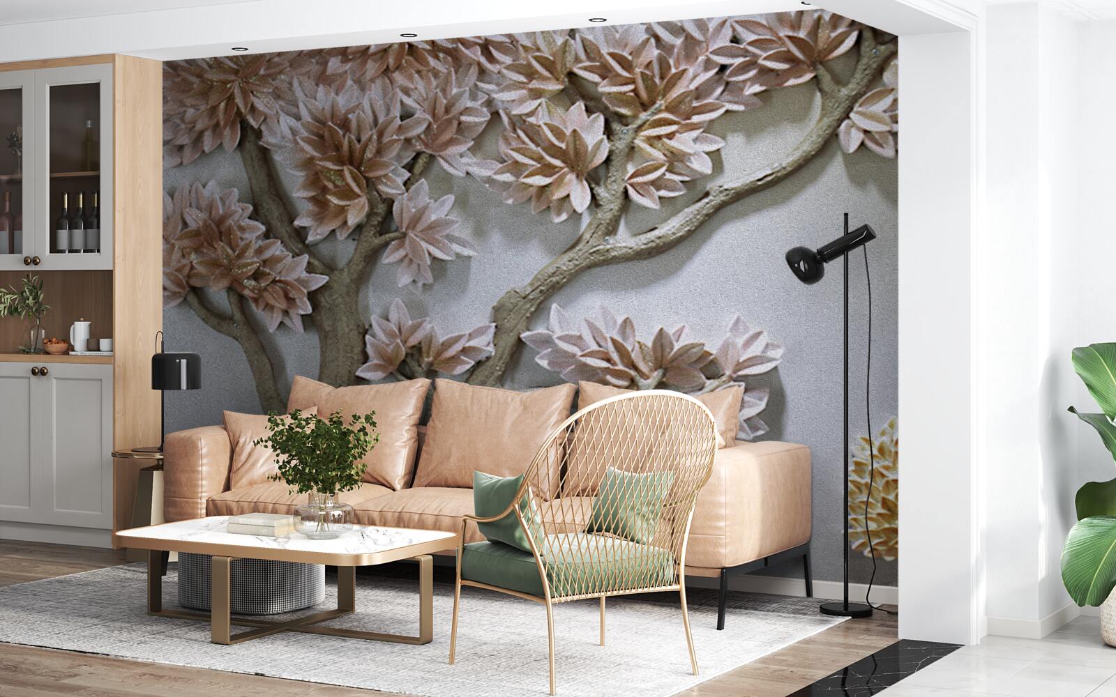 Fotobehang majestueuze boom met bladeren en vogels