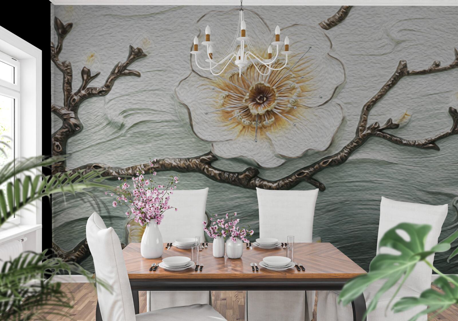 Fotobehang de wind wiegt de knoppen van de witte magnolia