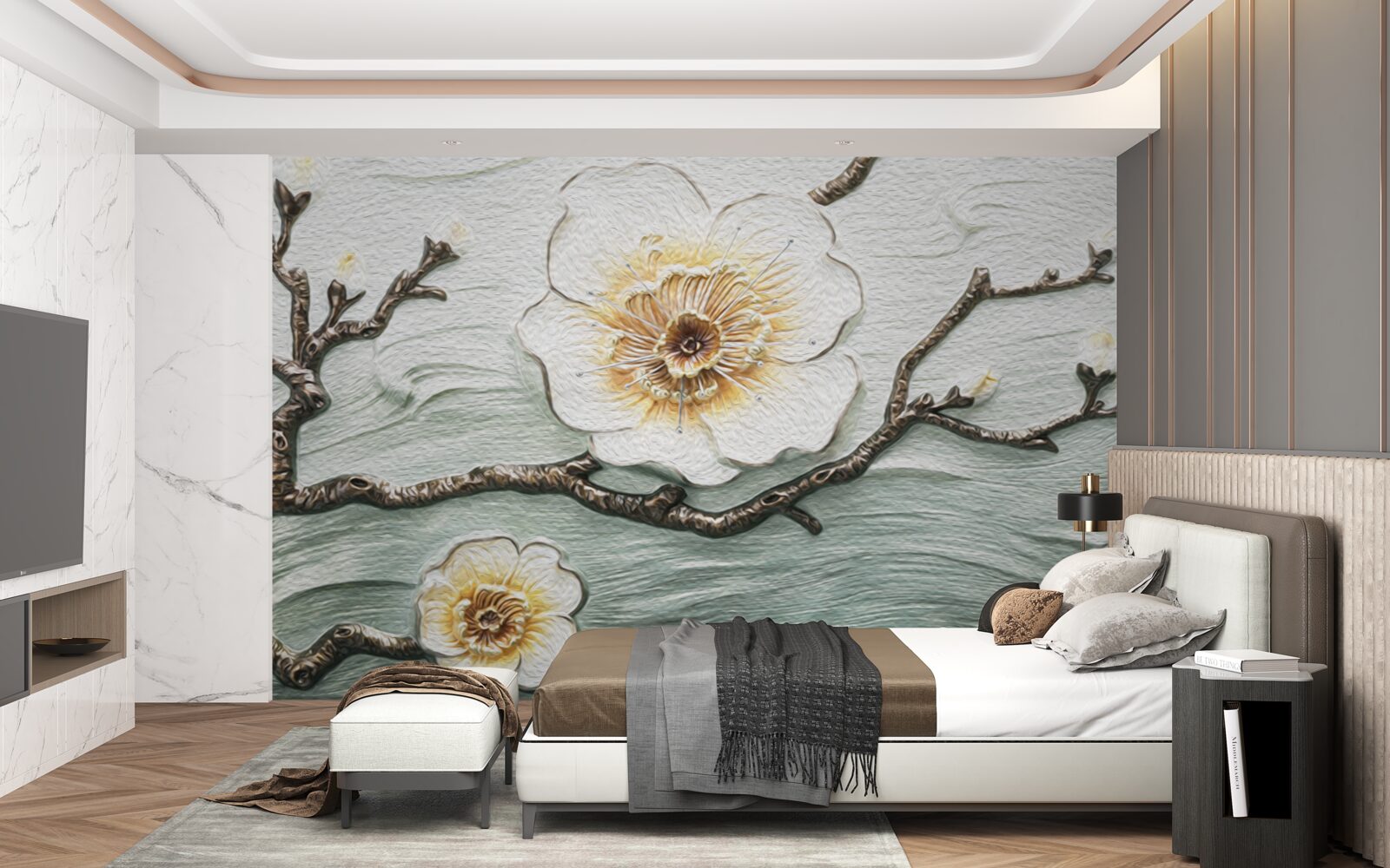 Fotobehang de wind wiegt de knoppen van de witte magnolia