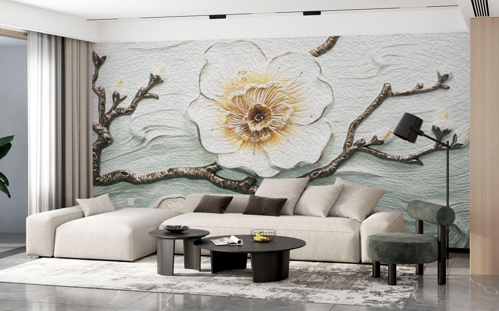 Fotobehang de wind wiegt de knoppen van de witte magnolia