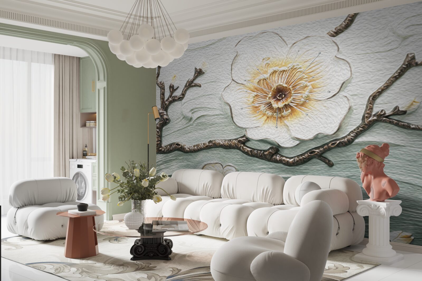 Fotobehang de wind wiegt de knoppen van de witte magnolia