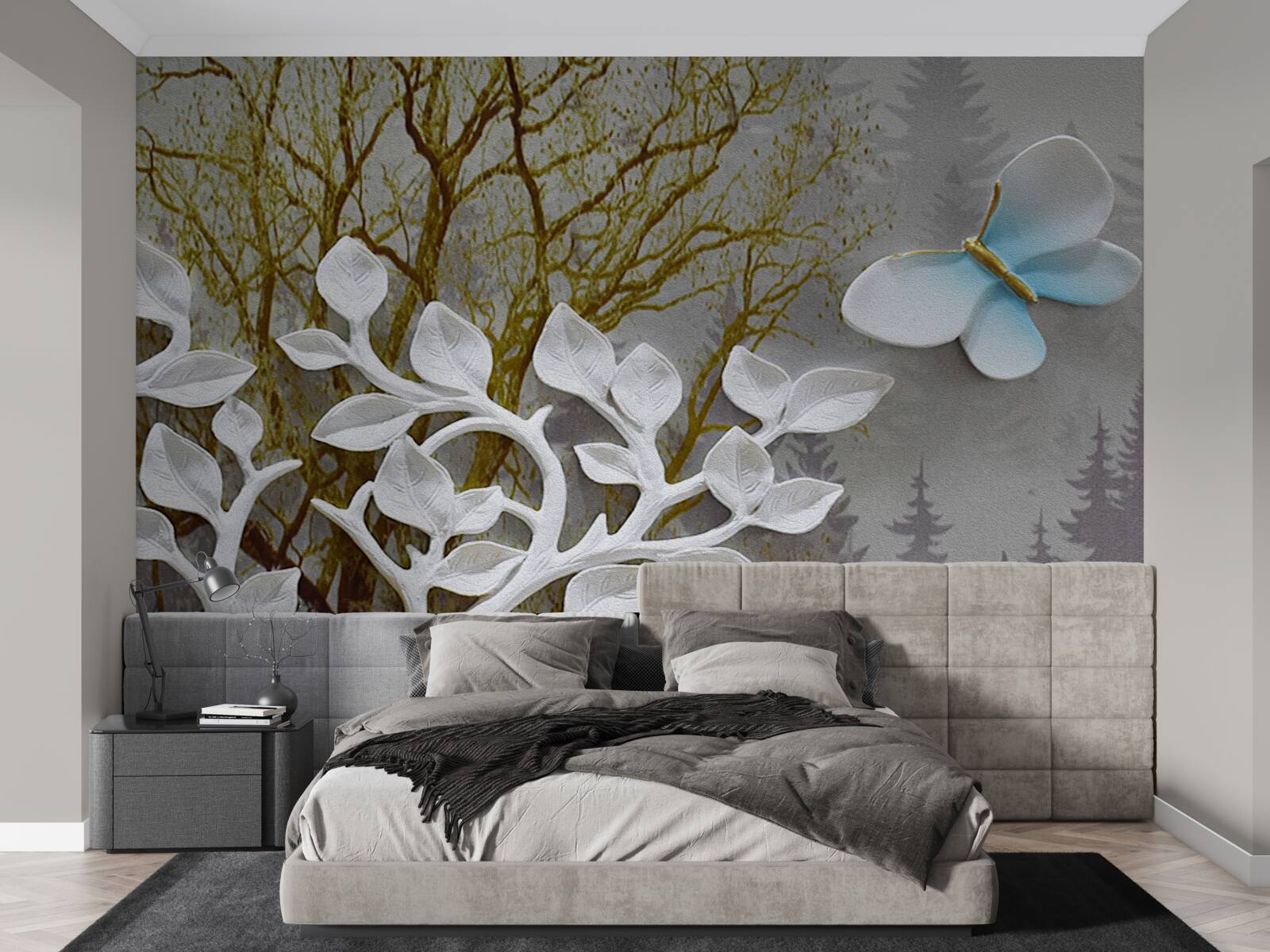 Fotobehang een vlinder zit op een witte tak in het bos