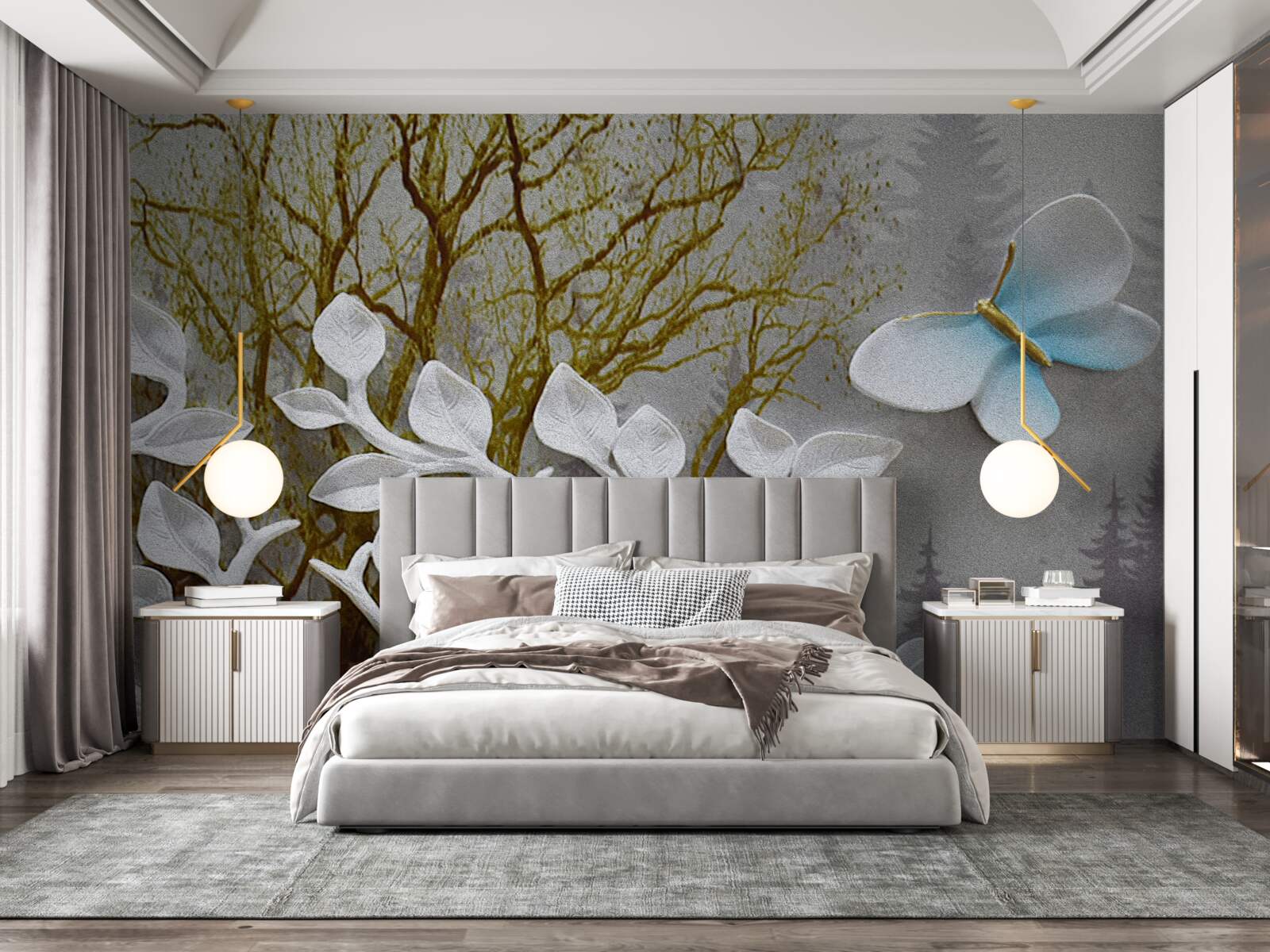 Fotobehang een vlinder zit op een witte tak in het bos