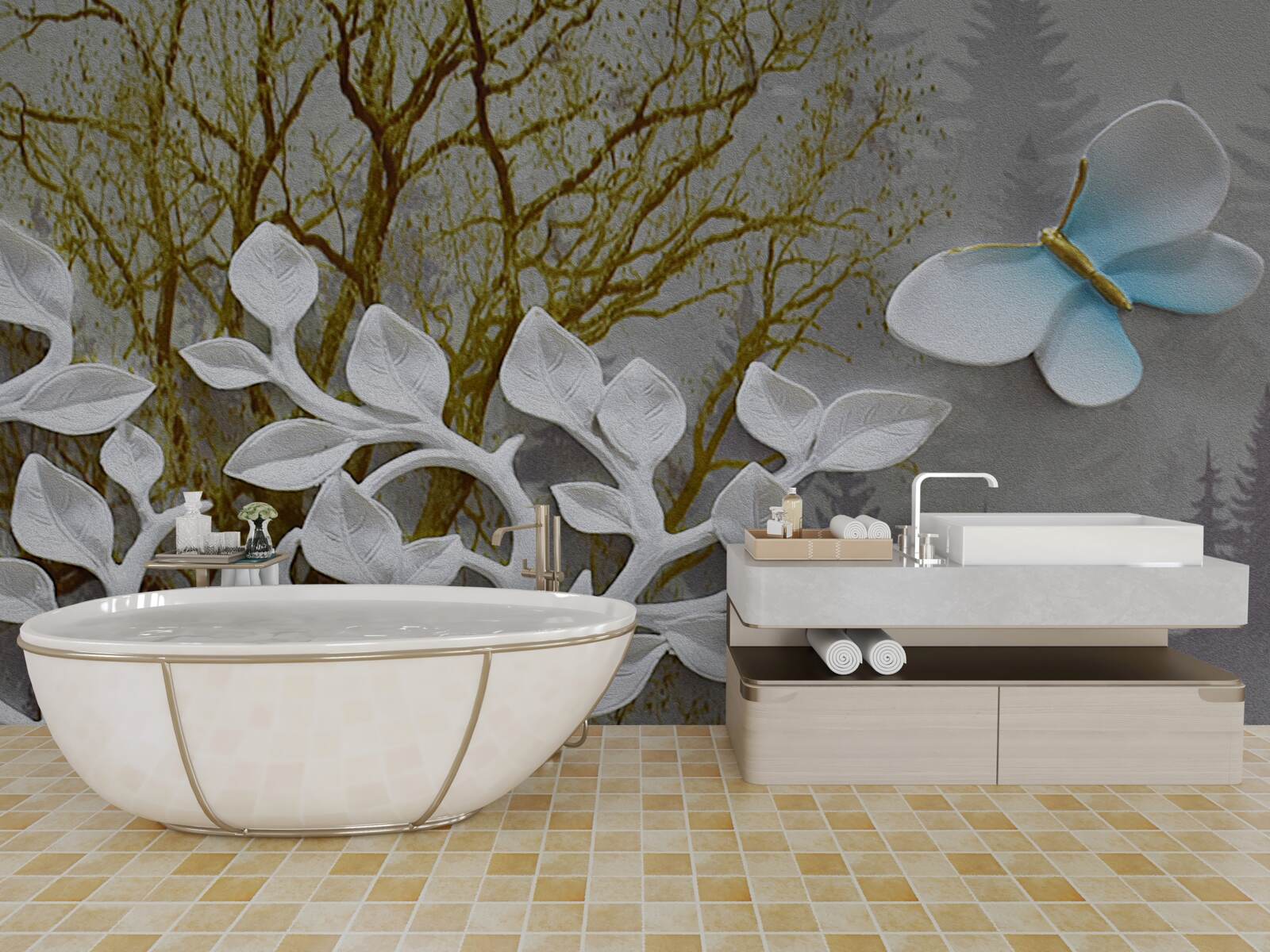 Fotobehang een vlinder zit op een witte tak in het bos