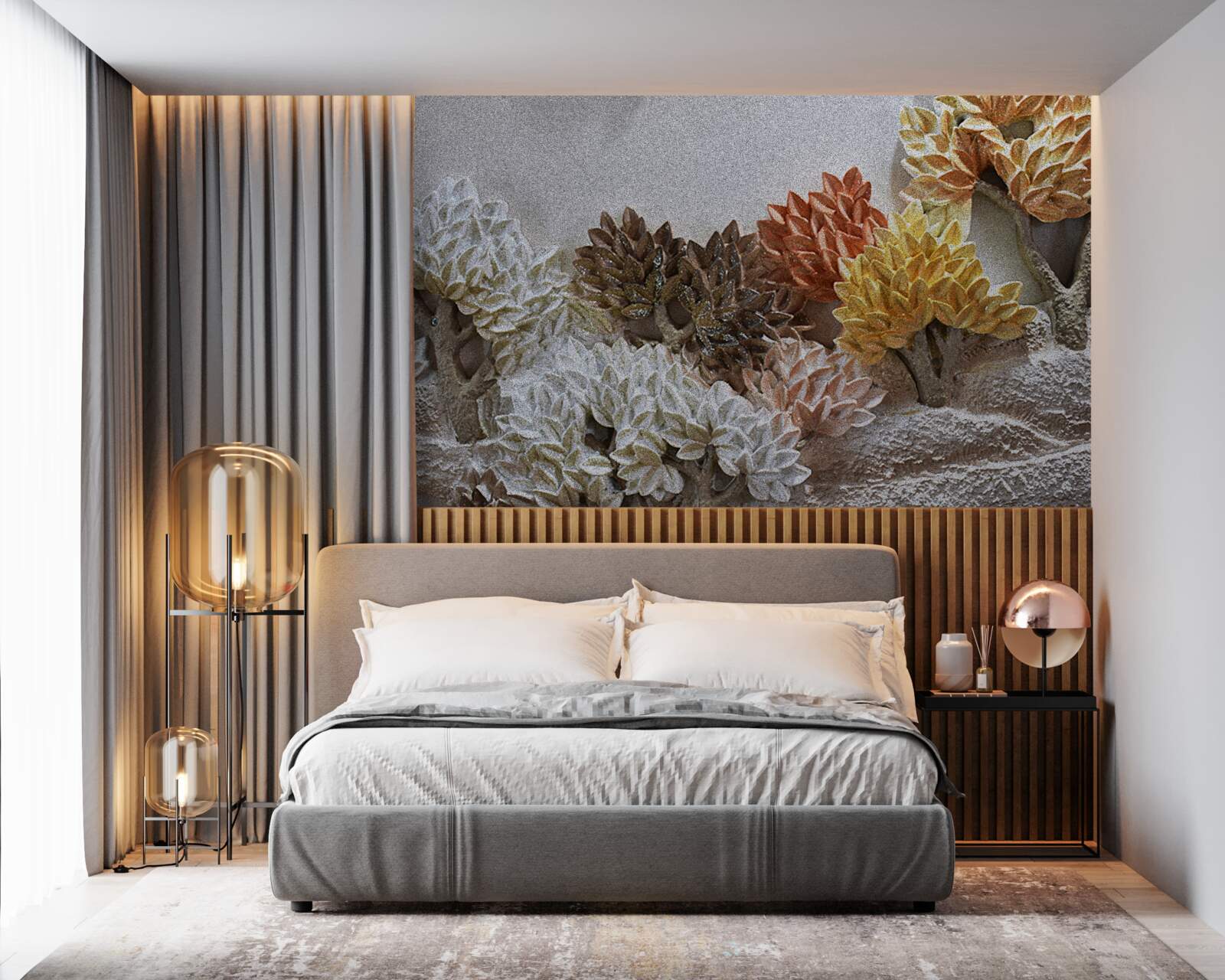 Fotobehang de tinten van het bed doen denken aan de herfst in een koud bos