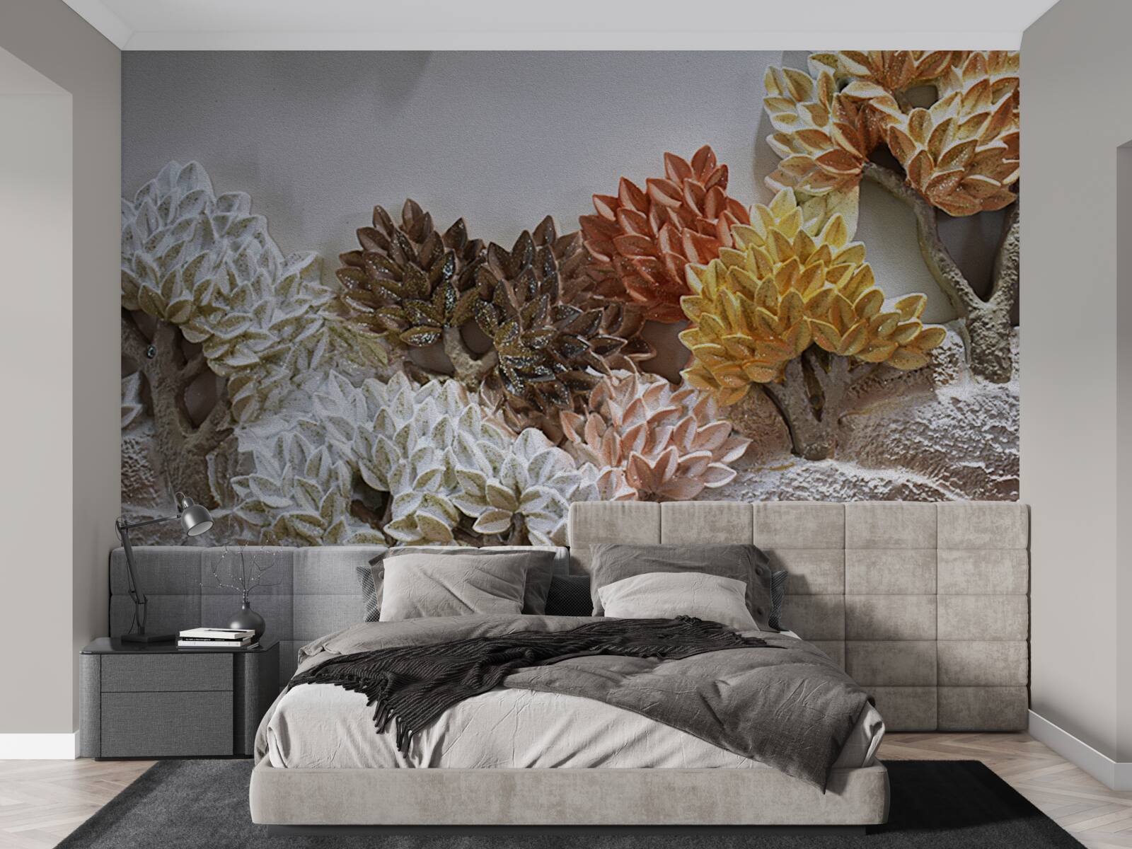 Fotobehang de tinten van het bed doen denken aan de herfst in een koud bos