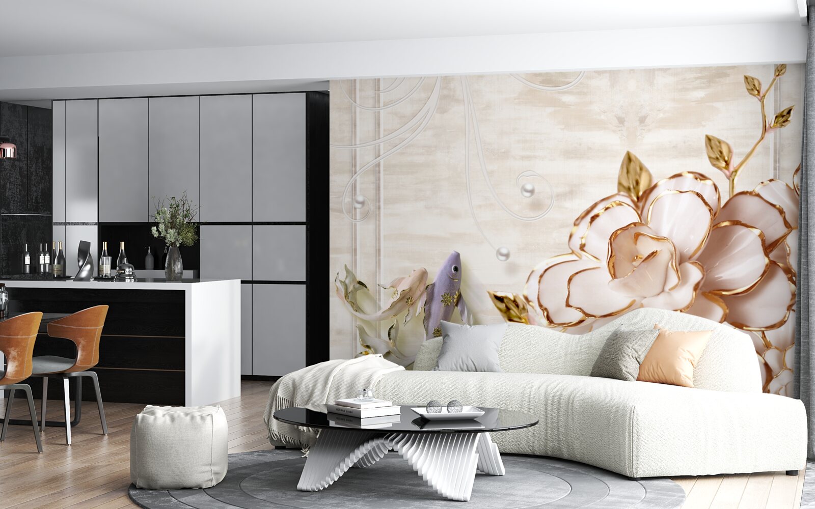 Fotobehang vlinders en bloemen van porselein