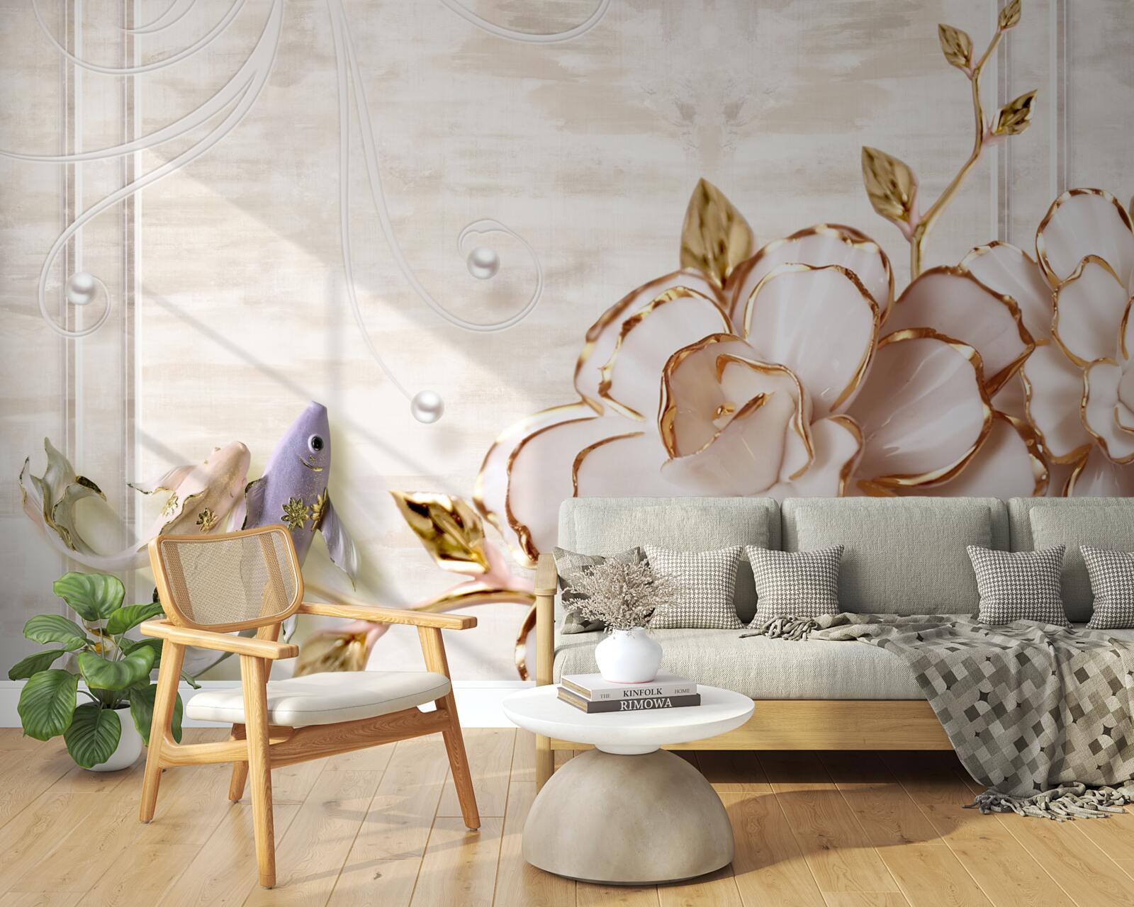 Fotobehang vlinders en bloemen van porselein