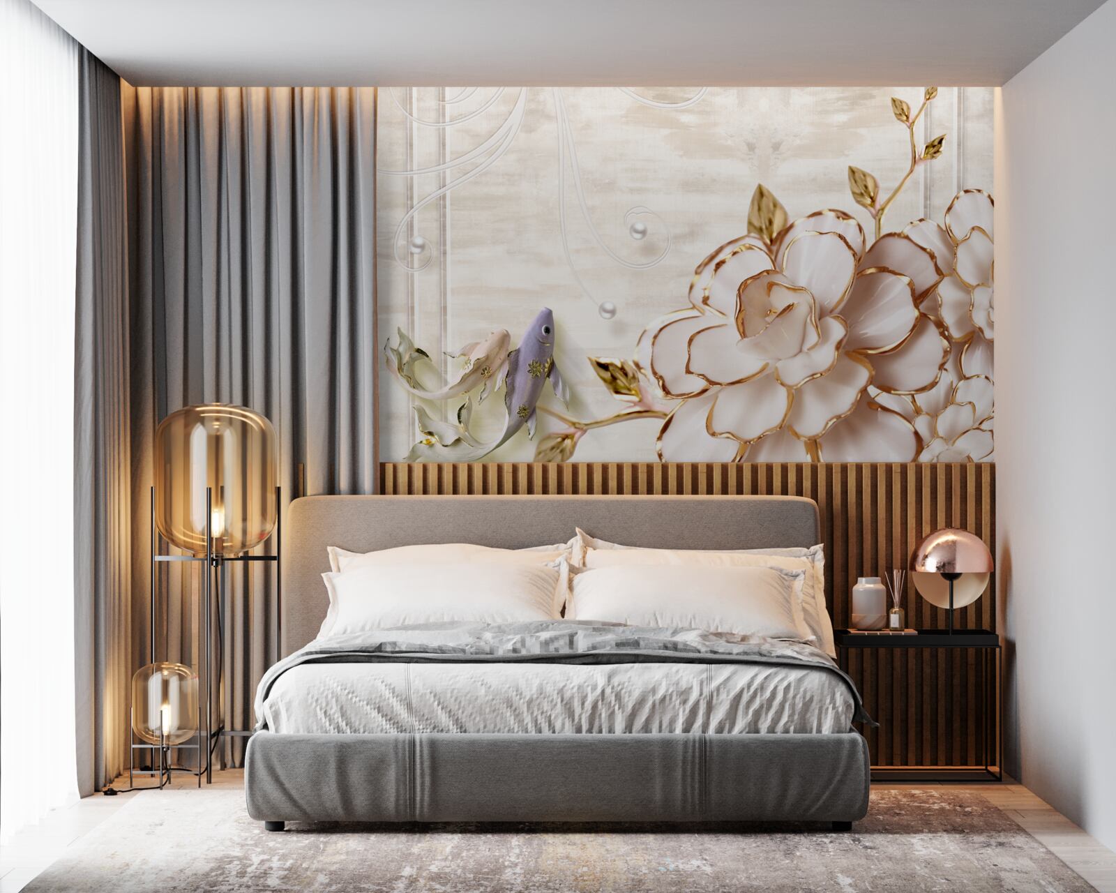 Fotobehang vlinders en bloemen van porselein