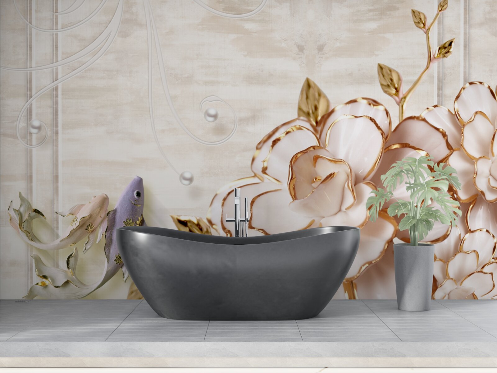 Fotobehang vlinders en bloemen van porselein