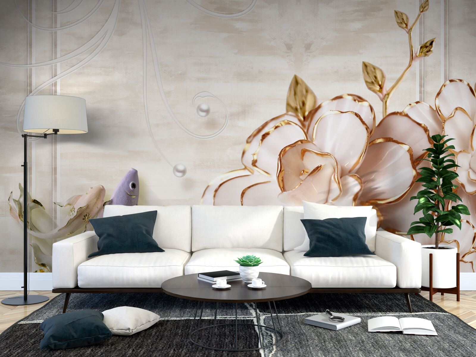 Fotobehang vlinders en bloemen van porselein