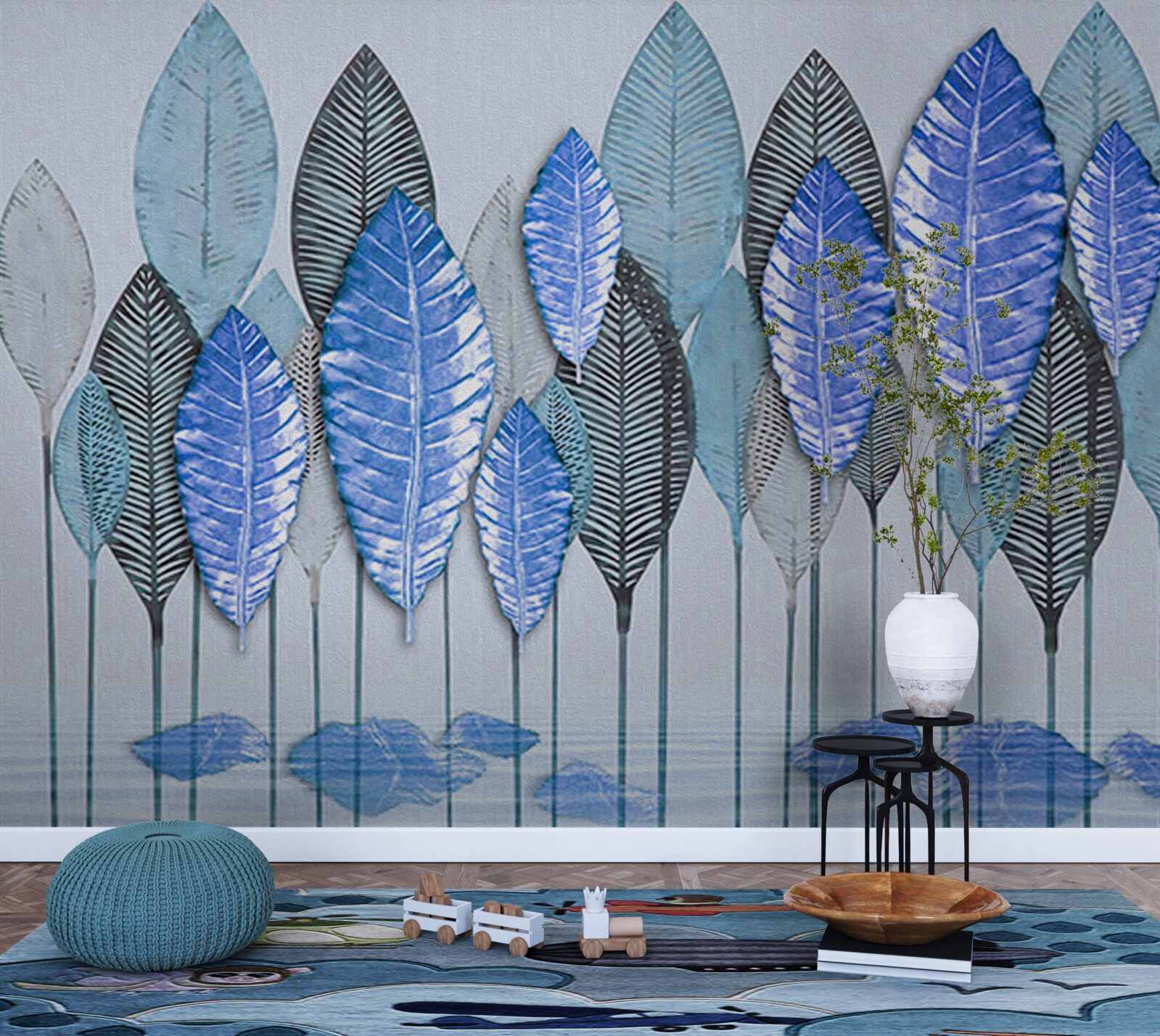 Fotobehang bos ondergedompeld in abstractie, onder een sluier van regen