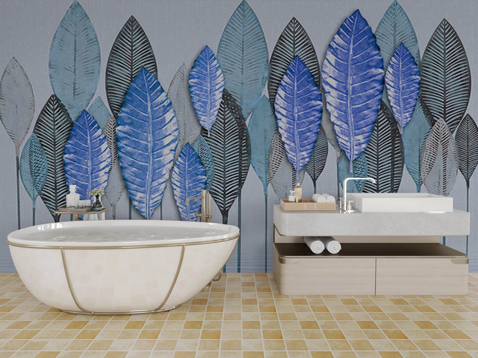 Fotobehang bos ondergedompeld in abstractie, onder een sluier van regen