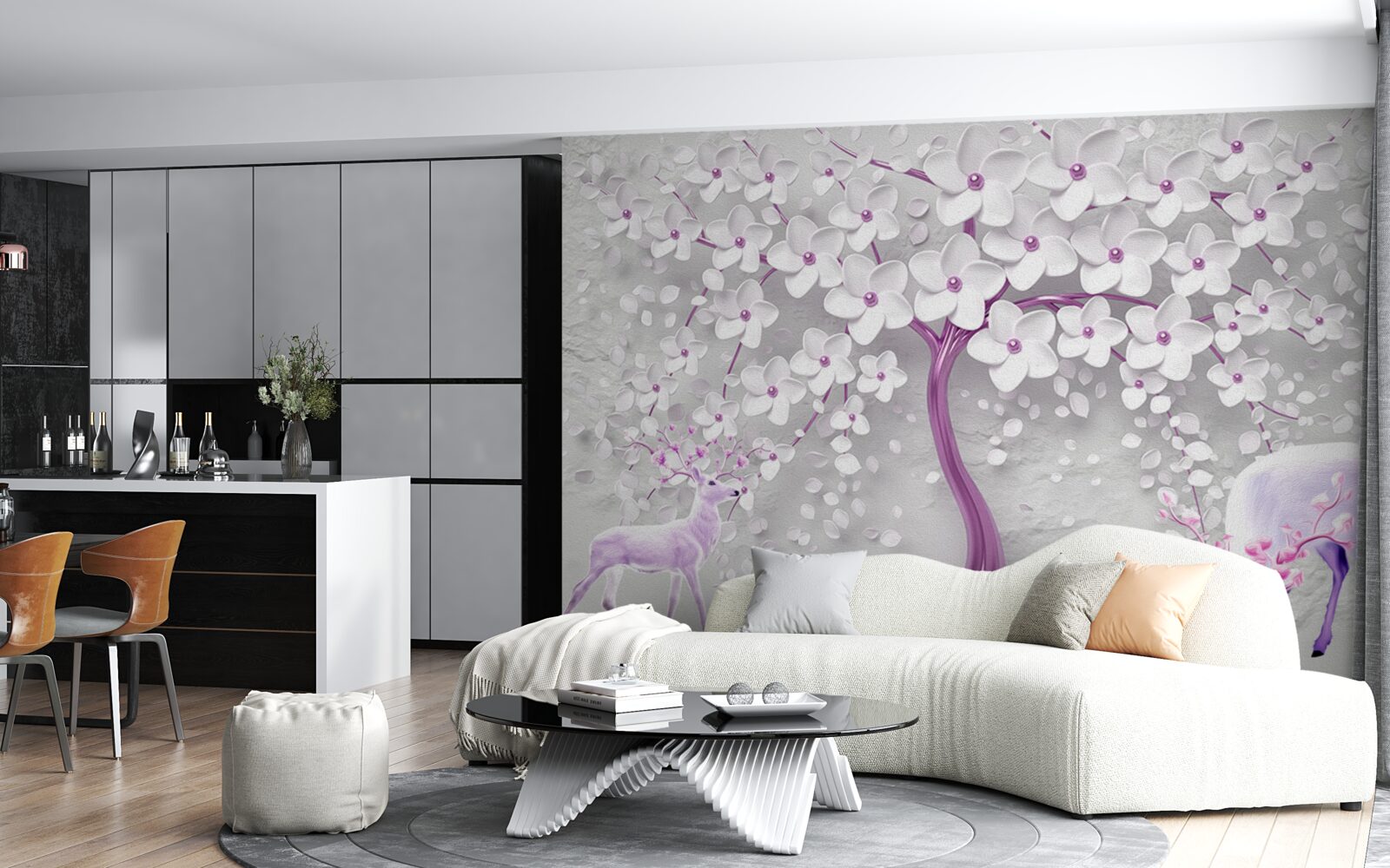 Fotobehang boom met sneeuwwitte bloemen en herten