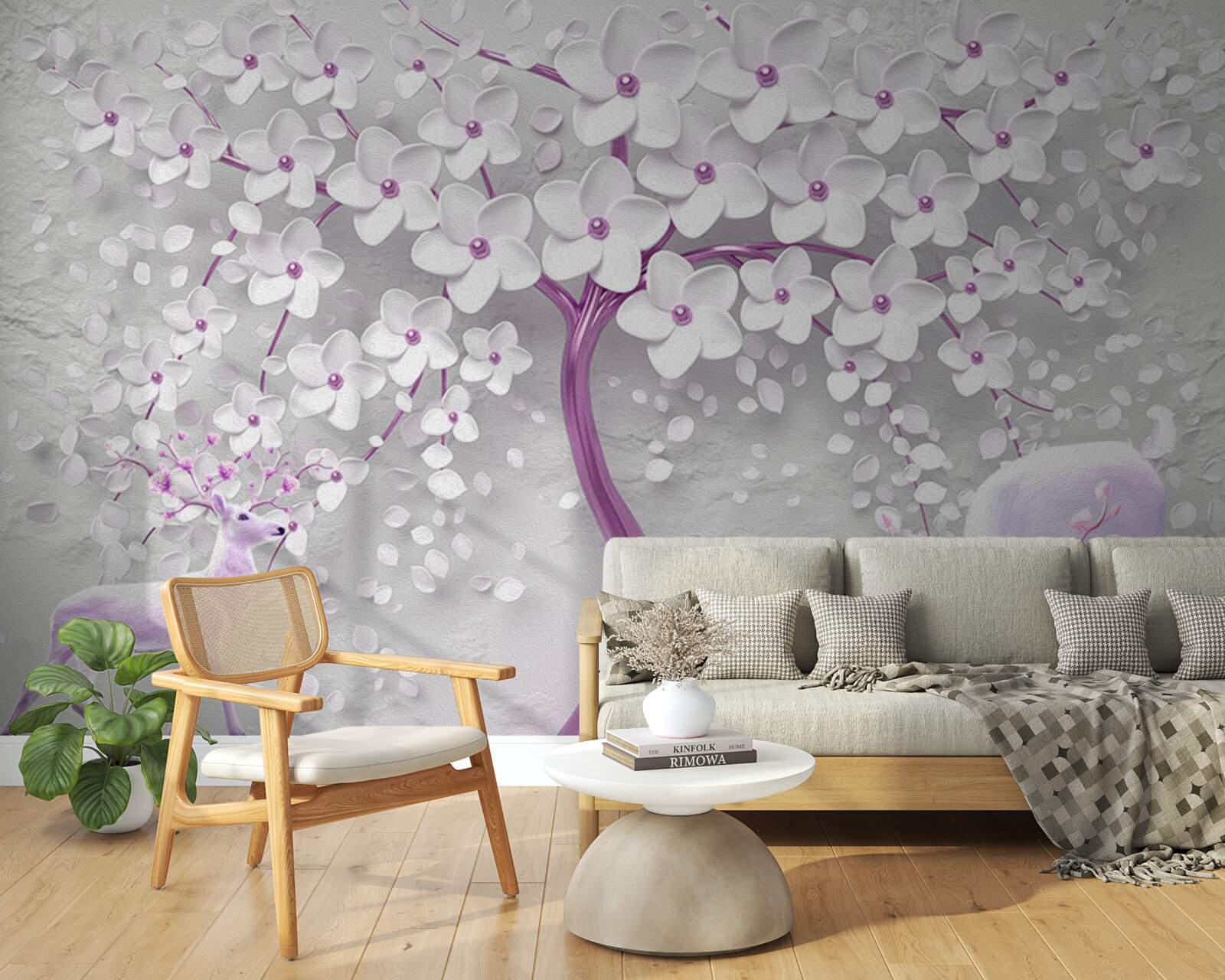 Fotobehang boom met sneeuwwitte bloemen en herten