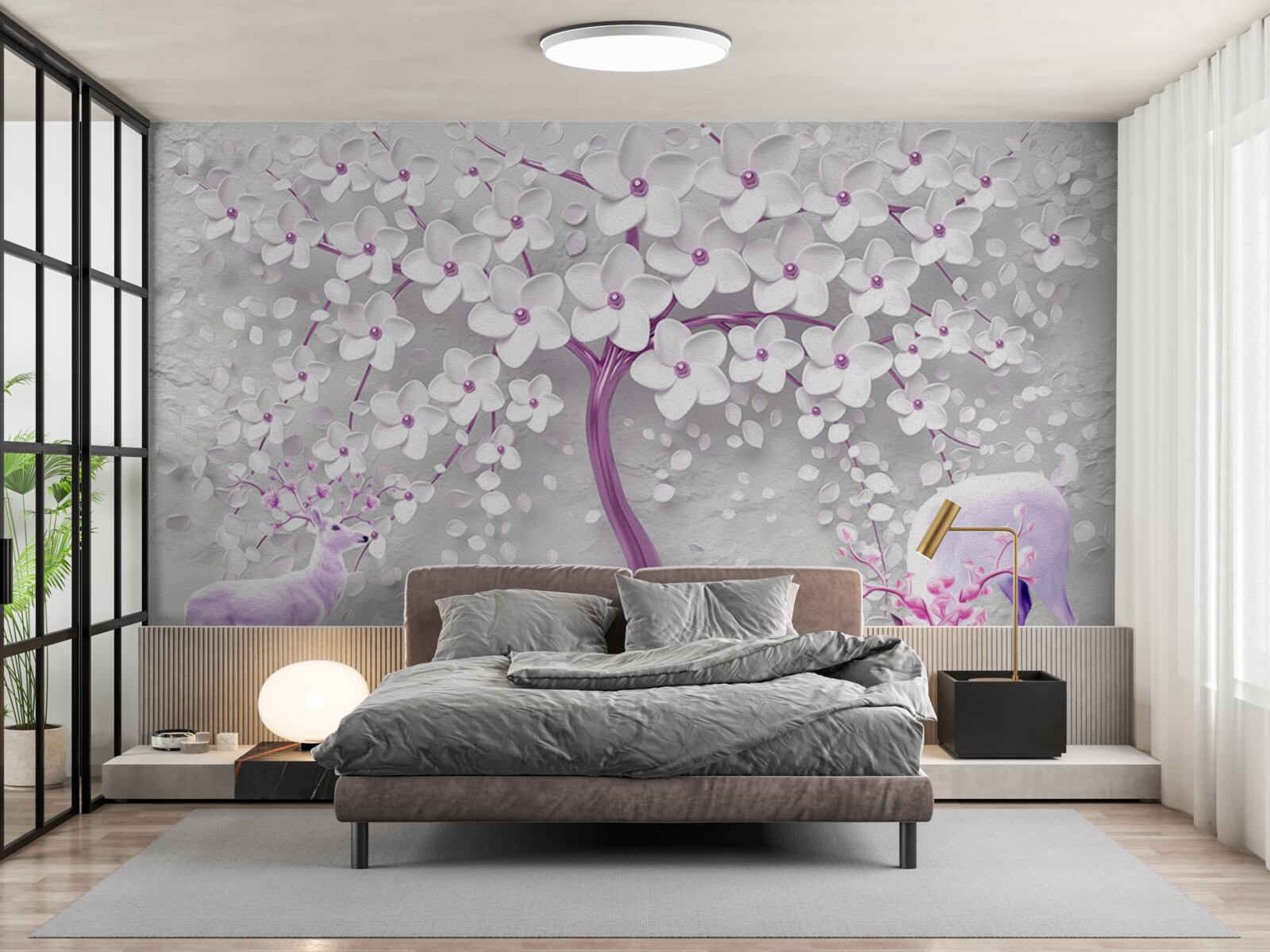 Fotobehang boom met sneeuwwitte bloemen en herten