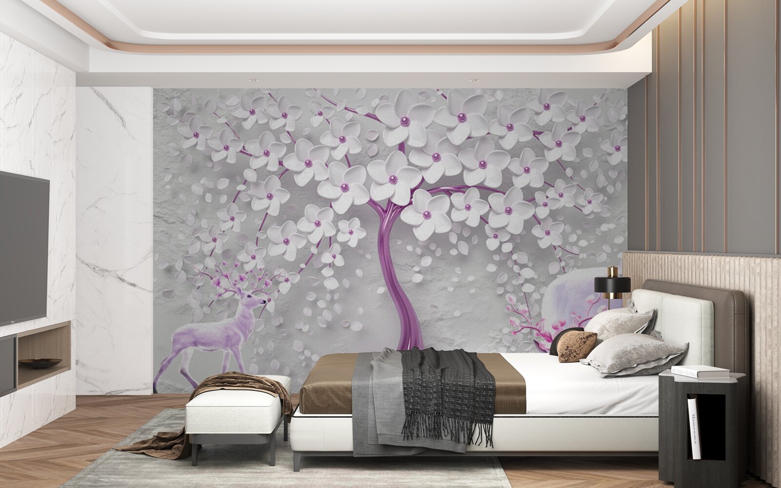 Fotobehang boom met sneeuwwitte bloemen en herten