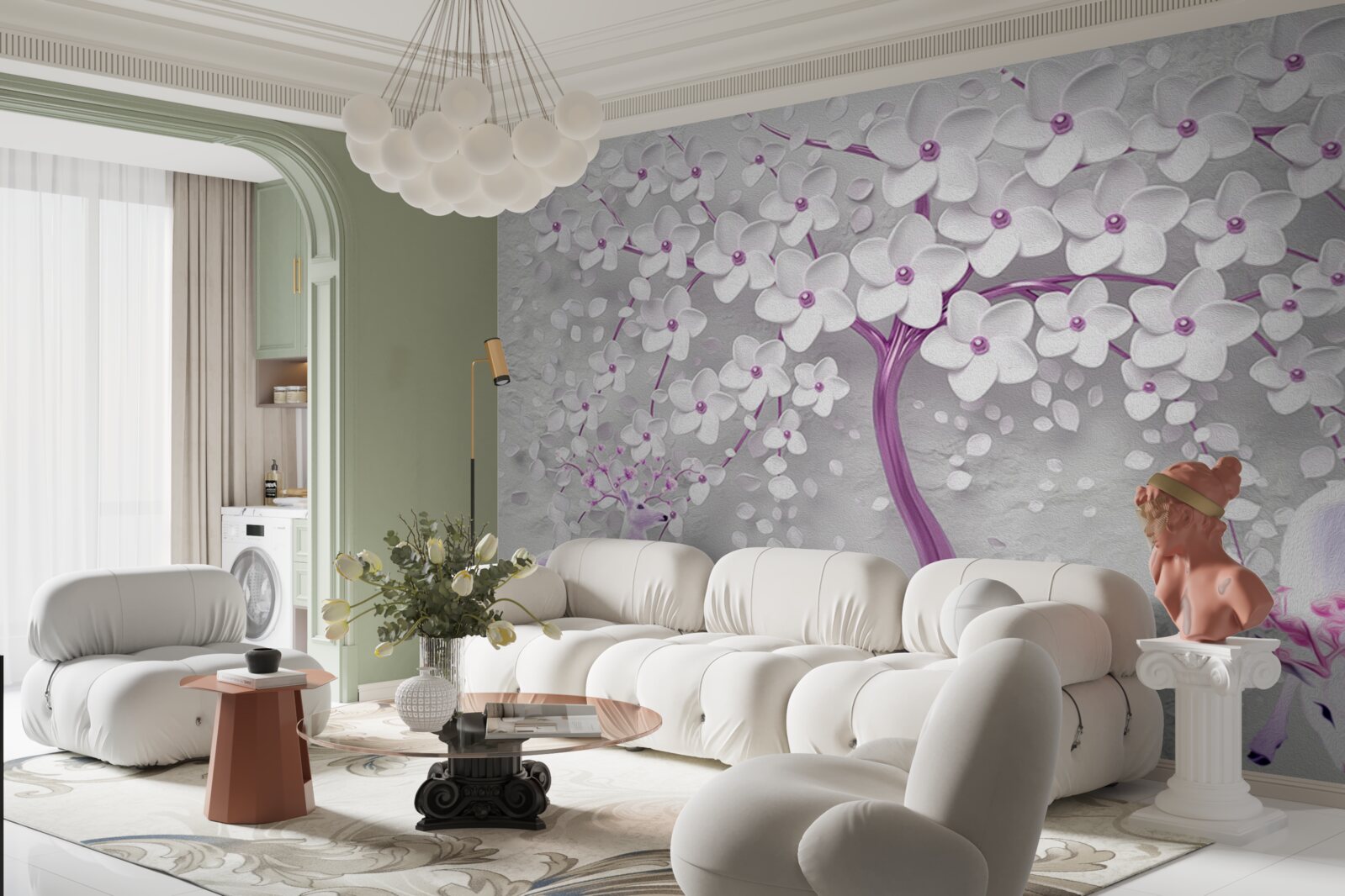 Fotobehang boom met sneeuwwitte bloemen en herten