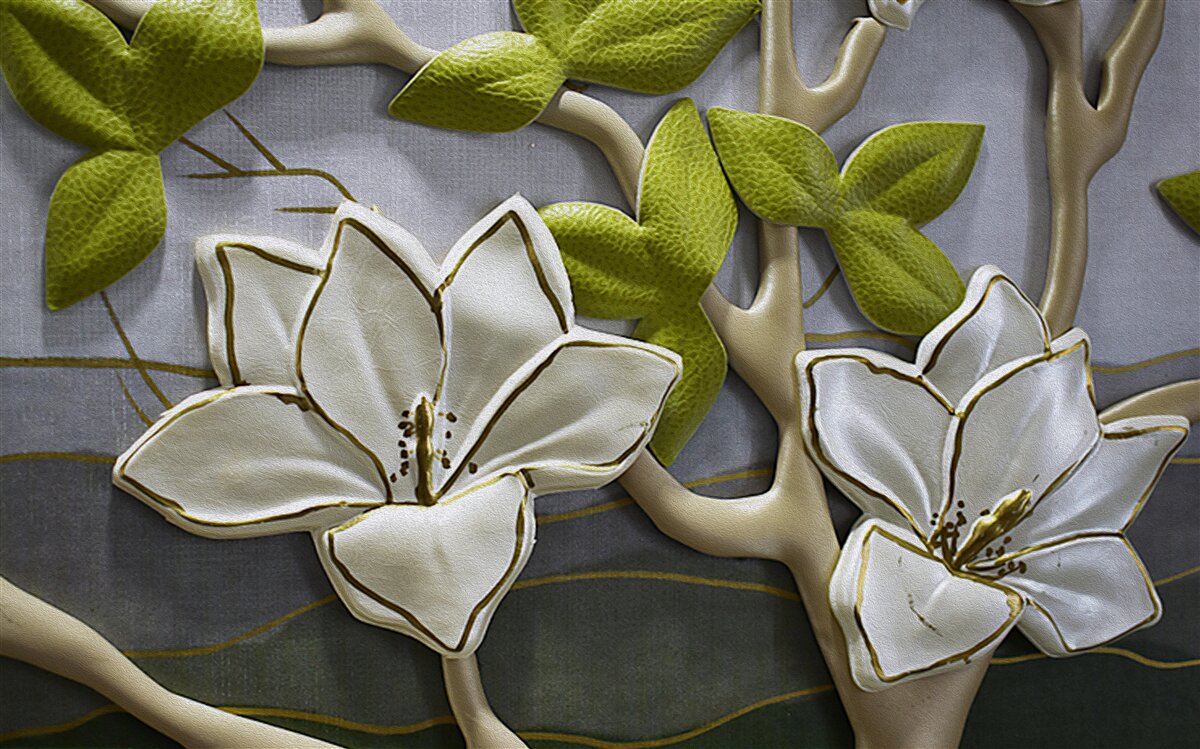 Fotobehang magnolia met porseleinen bloemen op groene takken