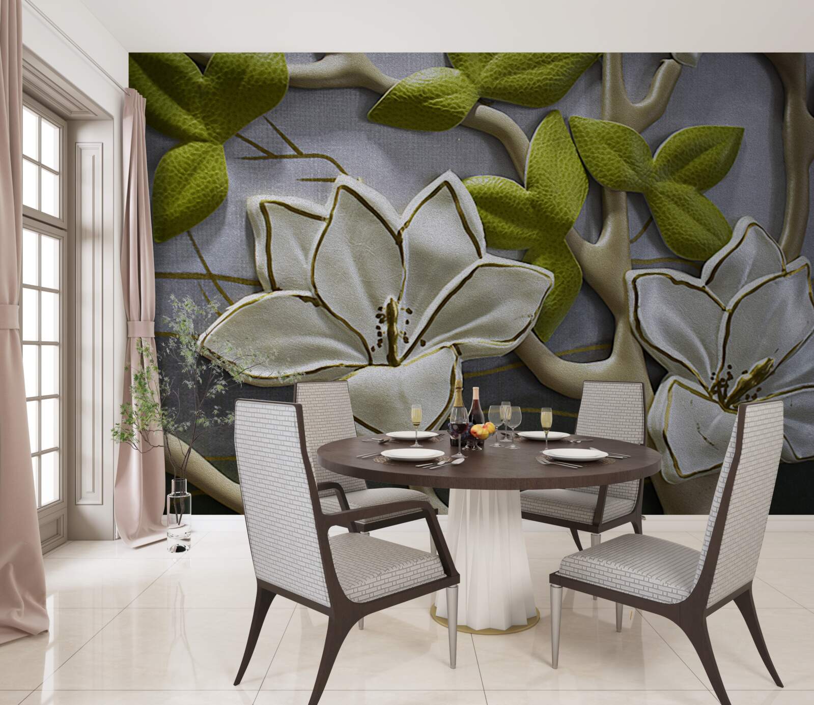 Fotobehang magnolia met porseleinen bloemen op groene takken