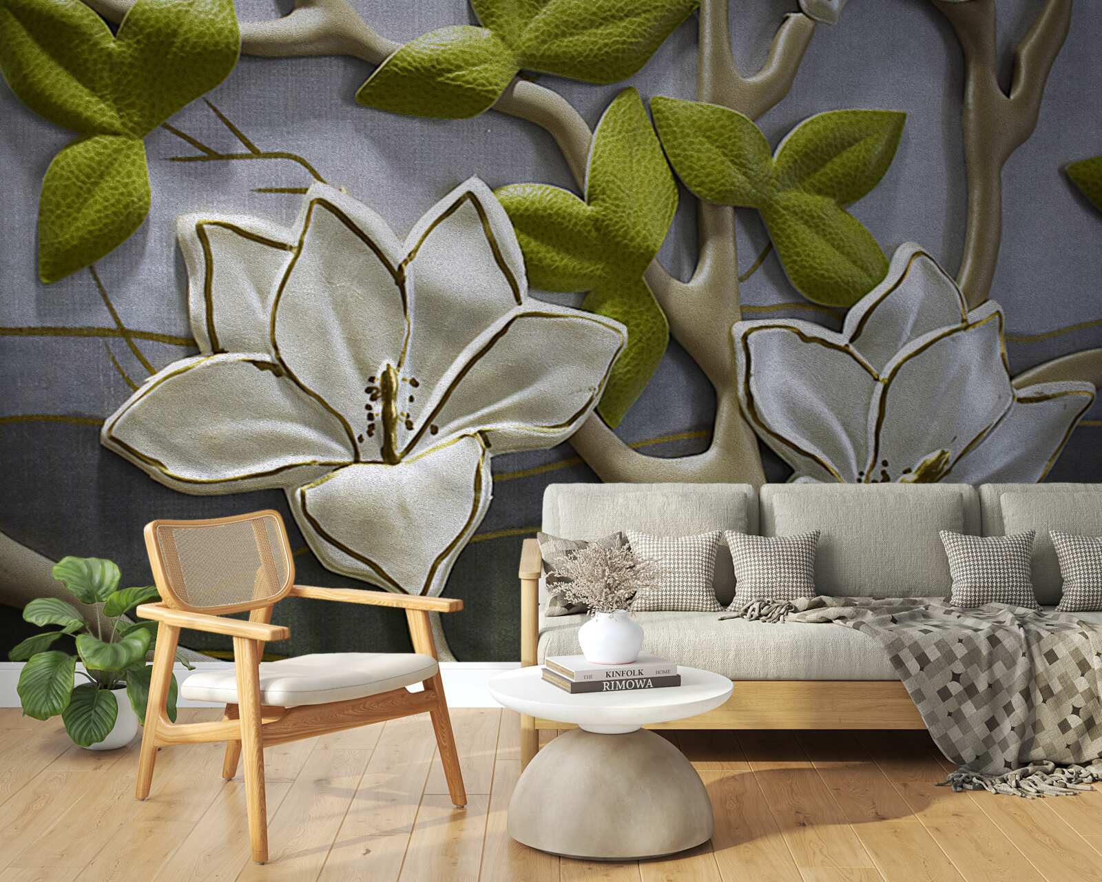 Fotobehang magnolia met porseleinen bloemen op groene takken