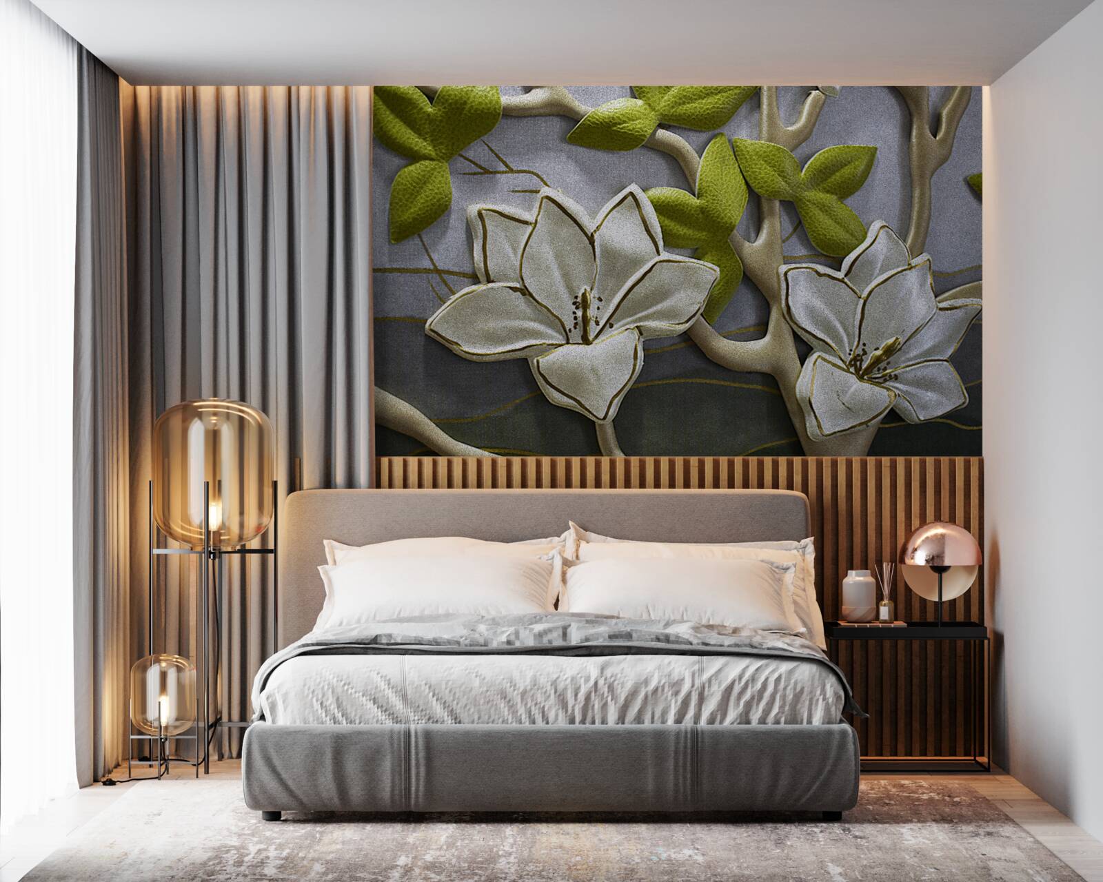 Fotobehang magnolia met porseleinen bloemen op groene takken