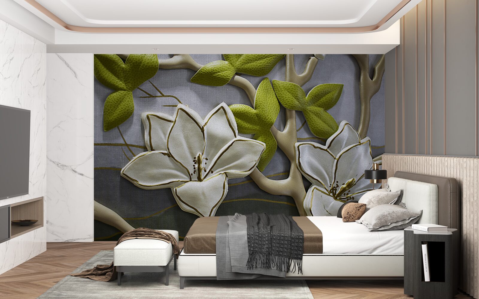 Fotobehang magnolia met porseleinen bloemen op groene takken