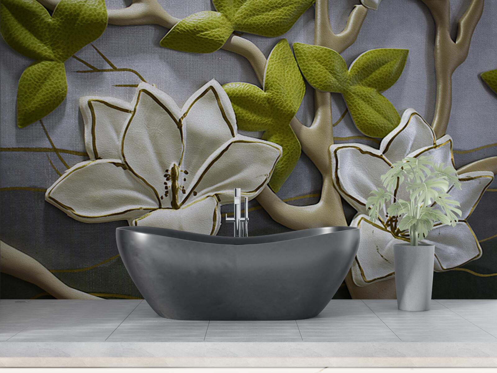 Fotobehang magnolia met porseleinen bloemen op groene takken