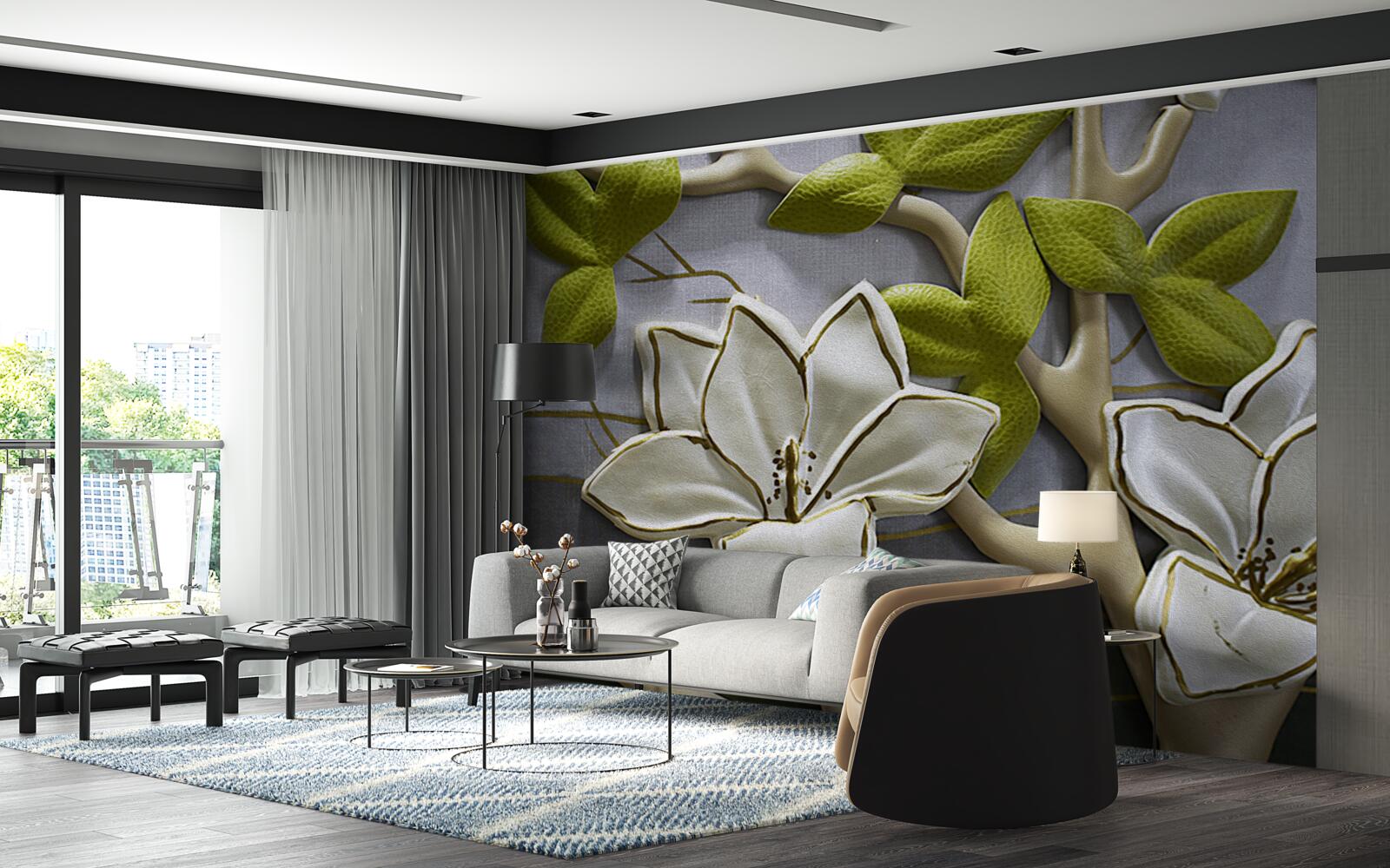 Fotobehang magnolia met porseleinen bloemen op groene takken