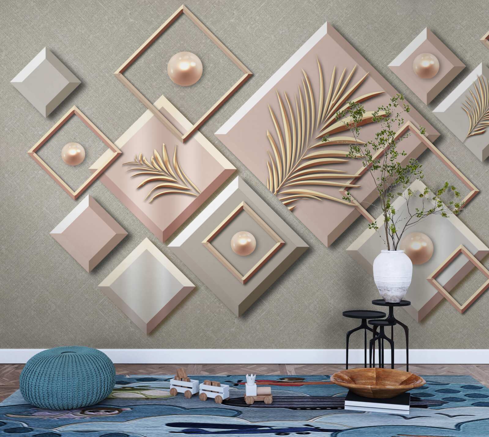 Fotobehang abstract in de vorm van rechthoeken met bladeren