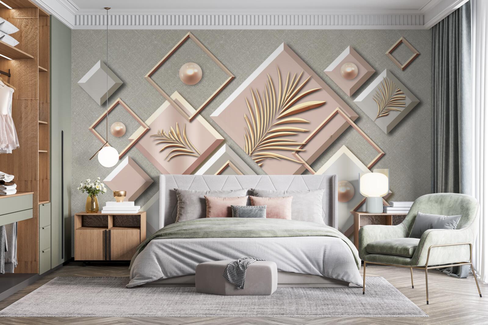 Fotobehang abstract in de vorm van rechthoeken met bladeren