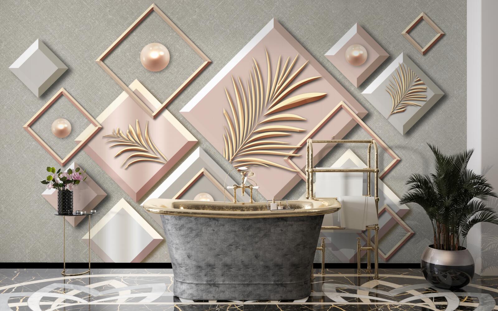 Fotobehang abstract in de vorm van rechthoeken met bladeren