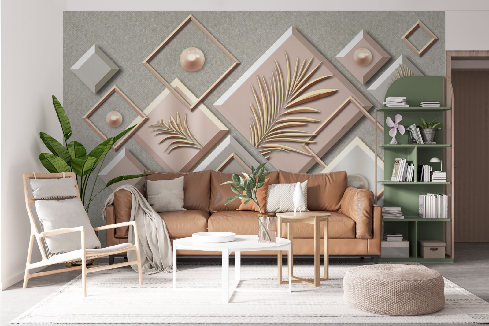 Fotobehang abstract in de vorm van rechthoeken met bladeren