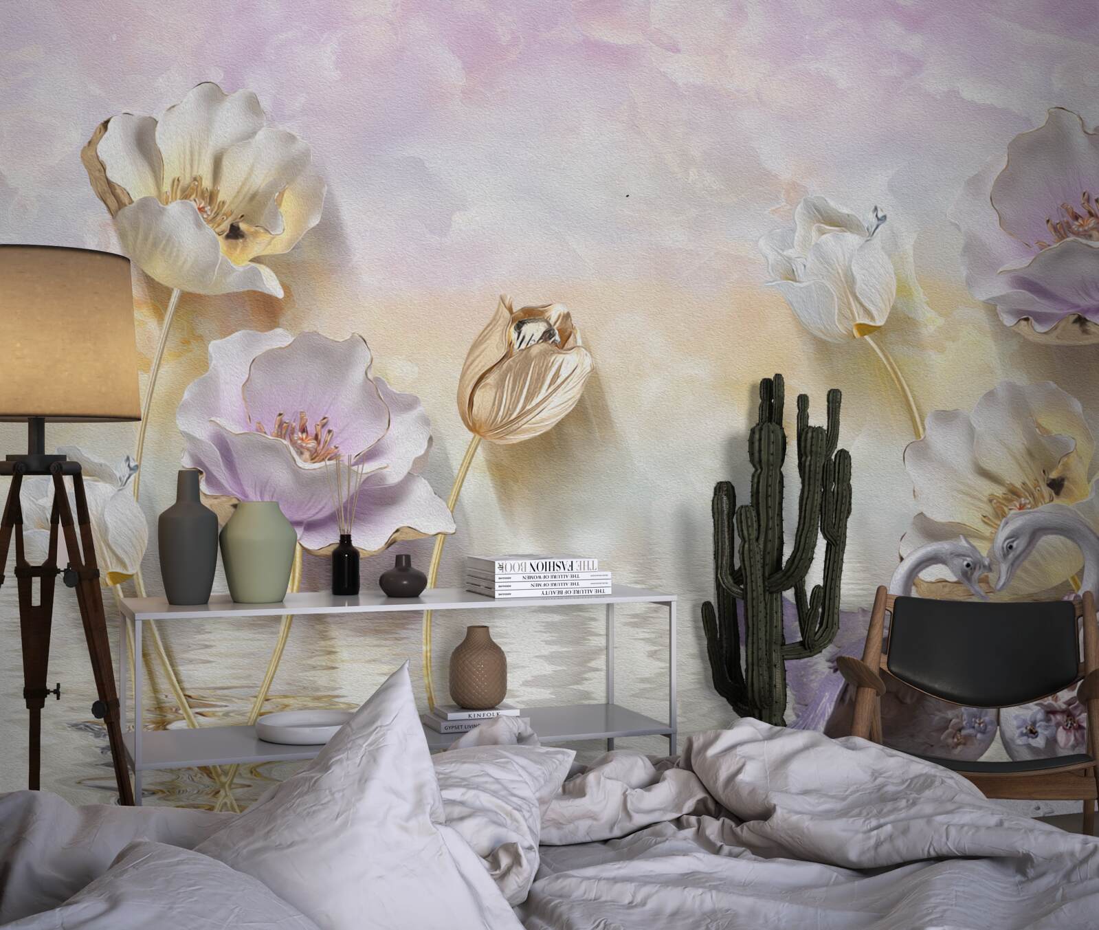 Fotobehang weerspiegelingen van tere bloemen in water