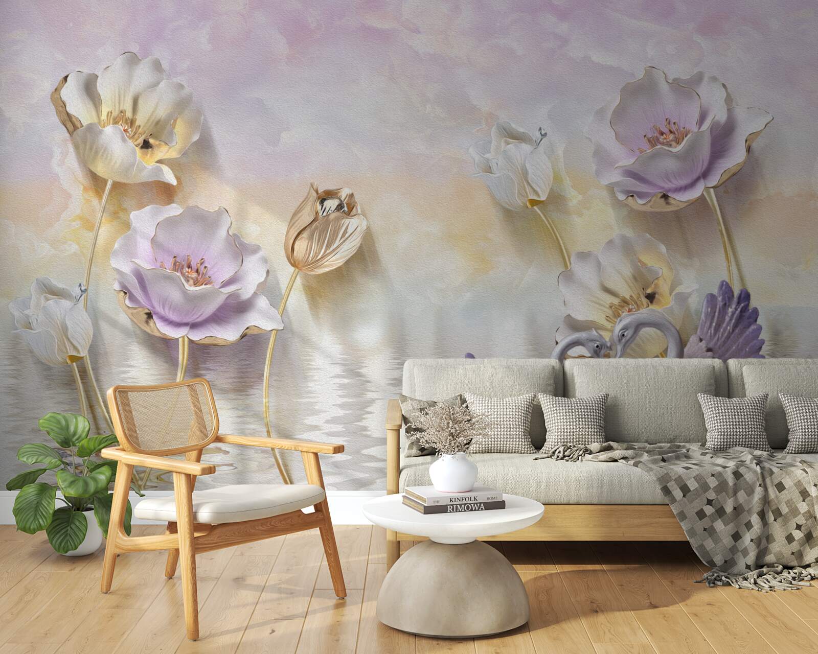 Fotobehang weerspiegelingen van tere bloemen in water