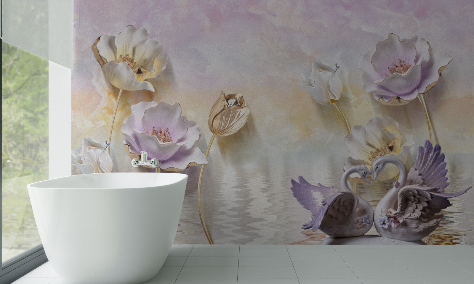 Fotobehang weerspiegelingen van tere bloemen in water