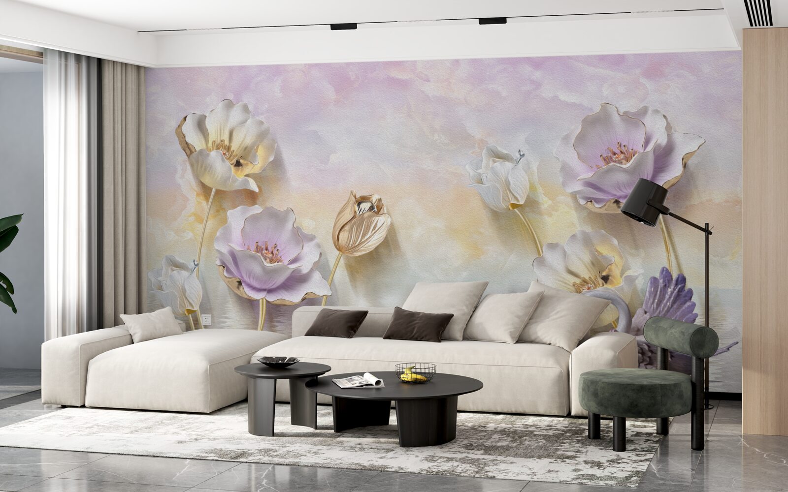 Fotobehang weerspiegelingen van tere bloemen in water