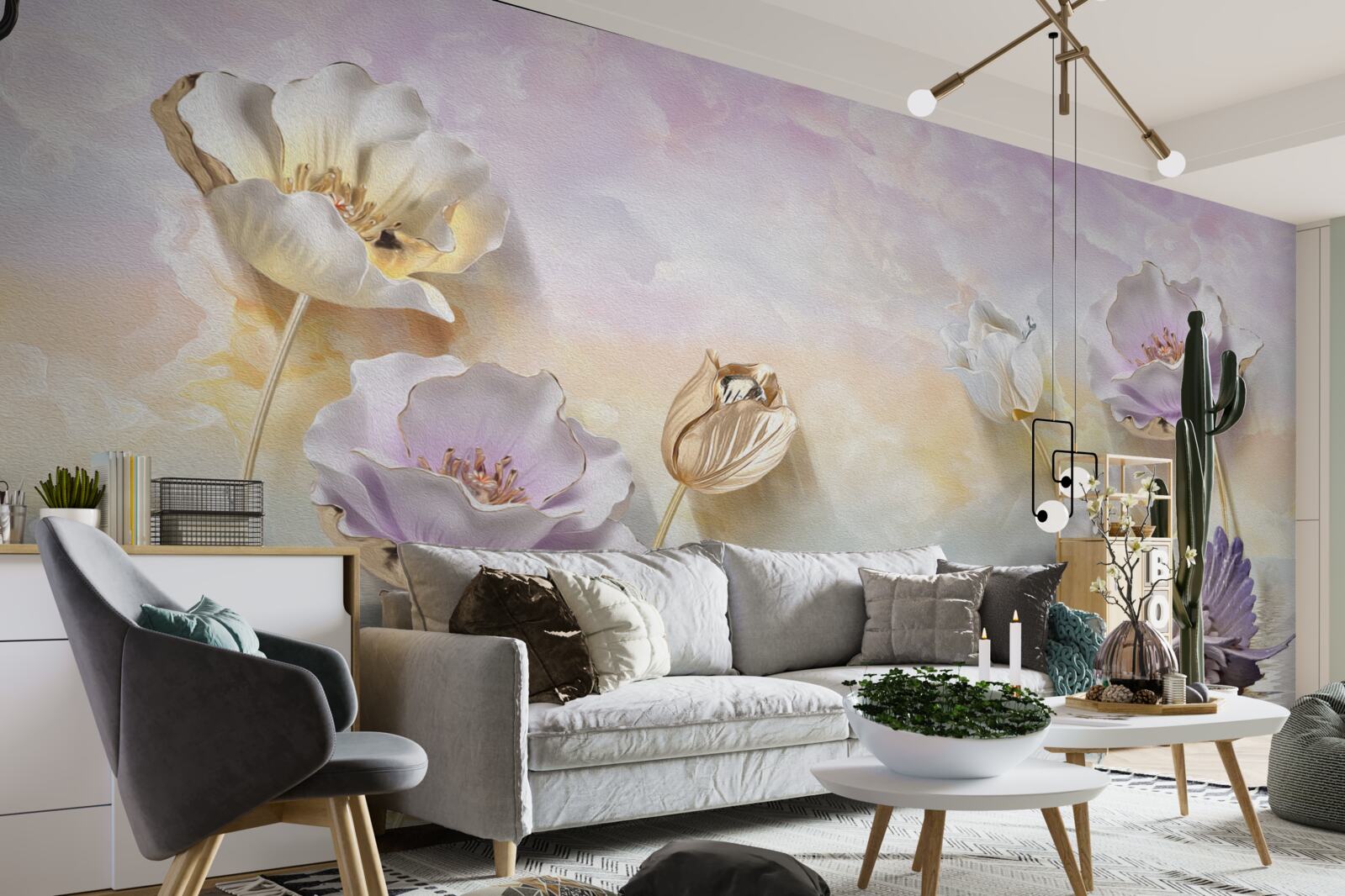 Fotobehang weerspiegelingen van tere bloemen in water