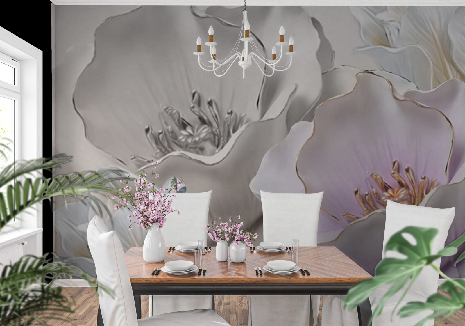 Fotobehang bloemen sierlijk en wit als porselein