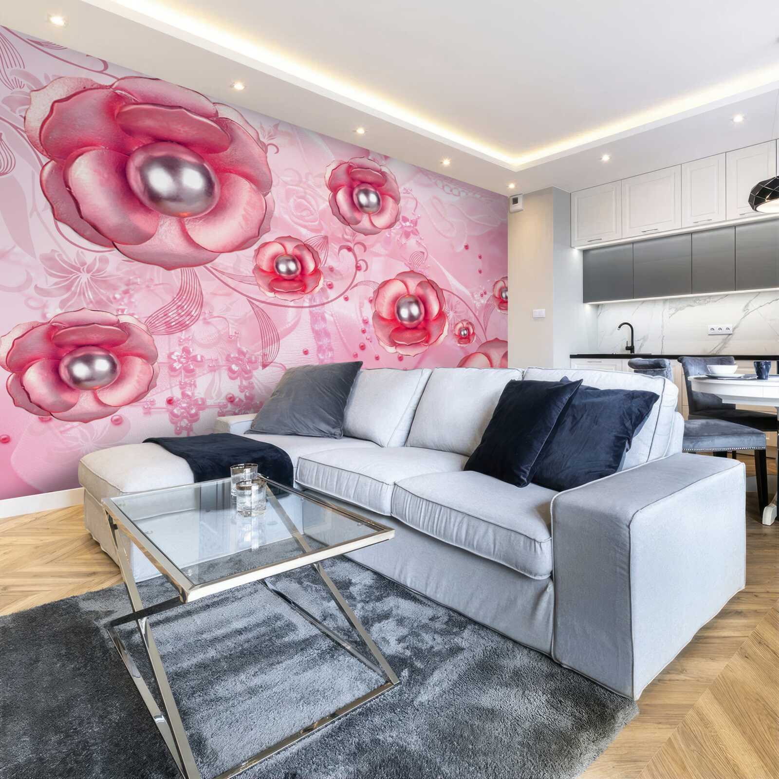 Fotobehang subtiele rode knoppen met een hart gevuld met parels