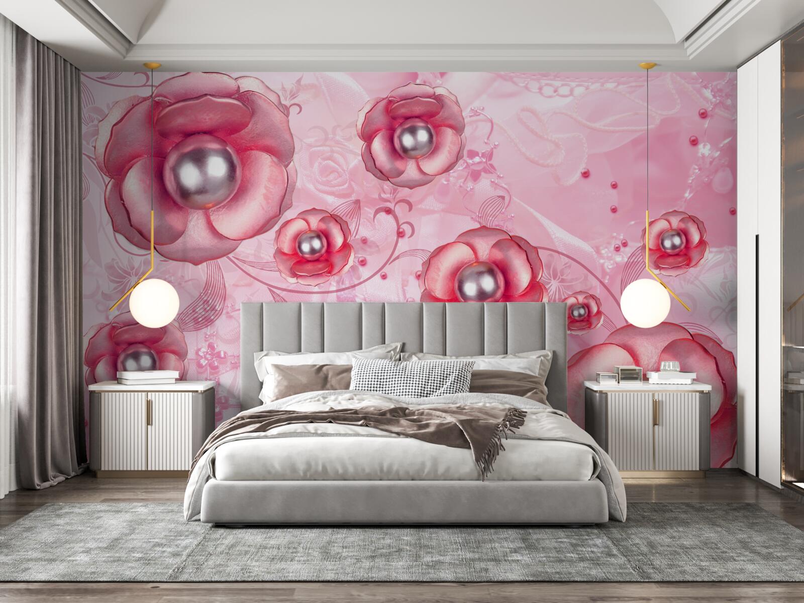 Fotobehang subtiele rode knoppen met een hart gevuld met parels