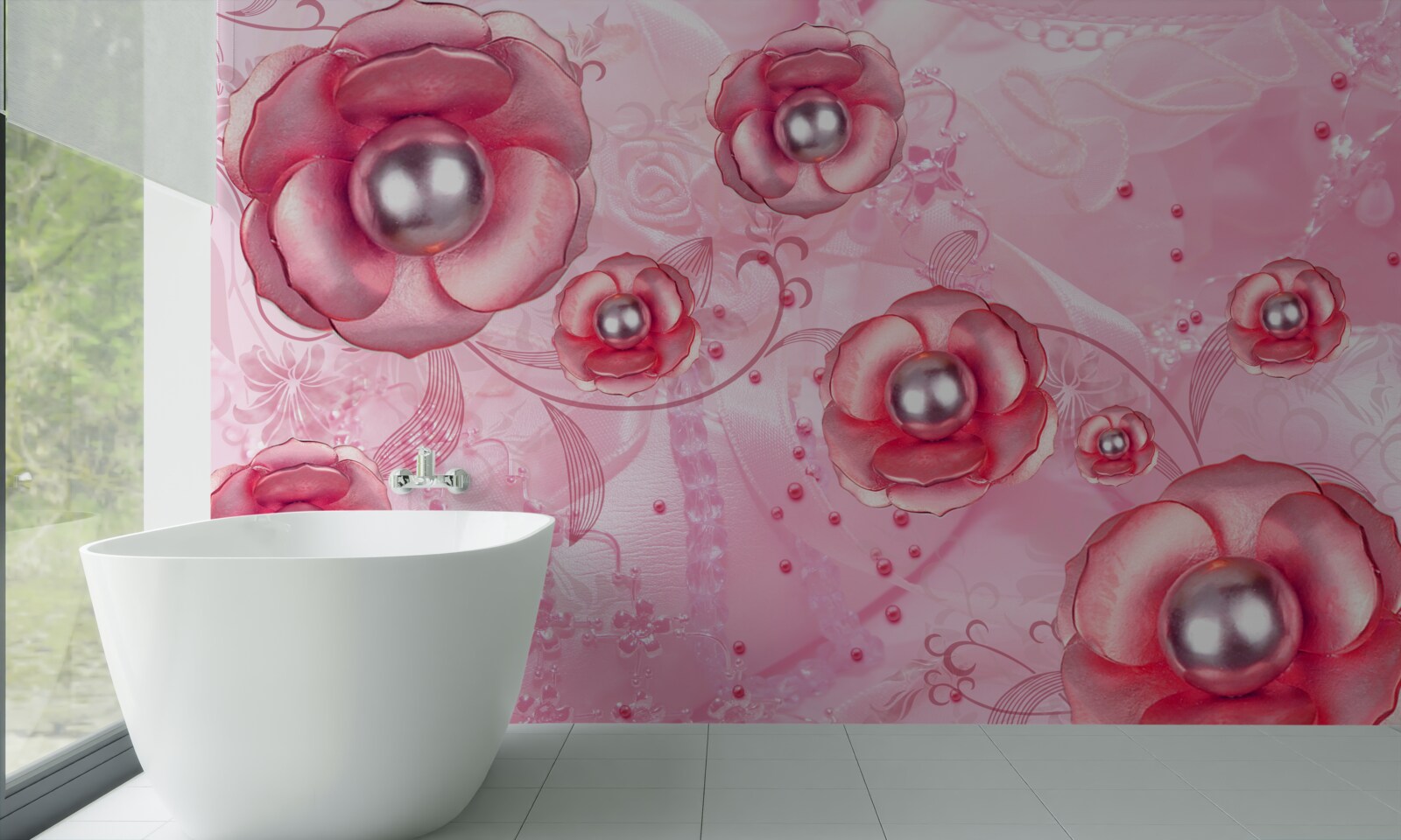 Fotobehang subtiele rode knoppen met een hart gevuld met parels