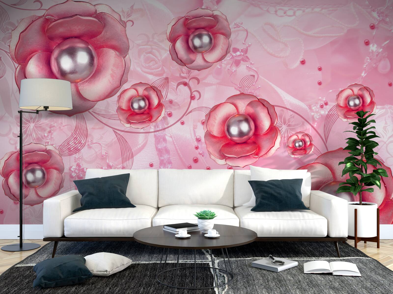 Fotobehang subtiele rode knoppen met een hart gevuld met parels