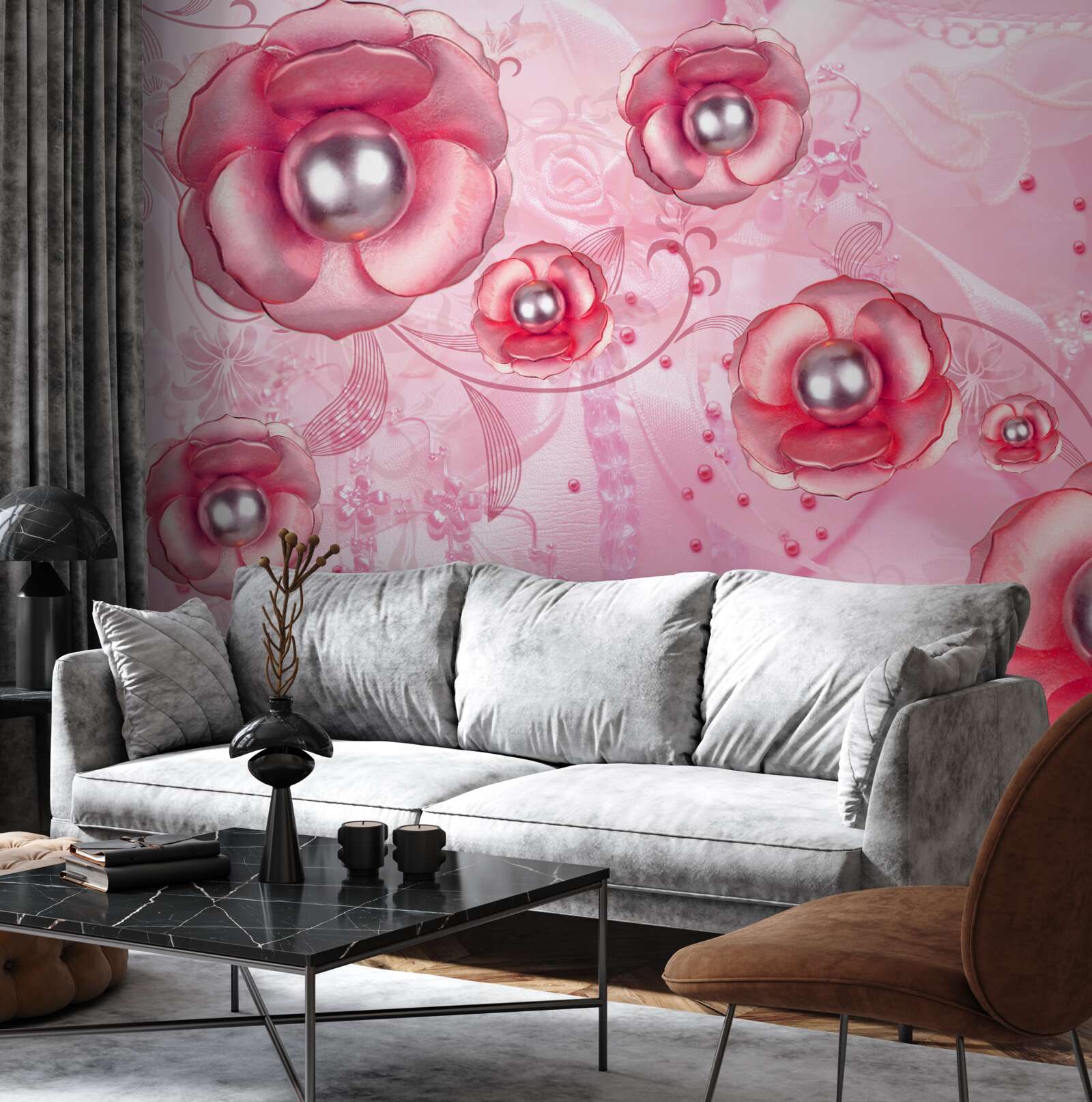 Fotobehang subtiele rode knoppen met een hart gevuld met parels