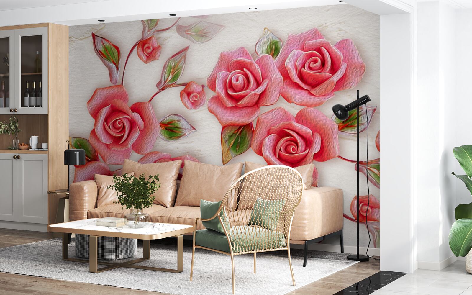 Fotobehang een roze theeroos bloeit op een tak