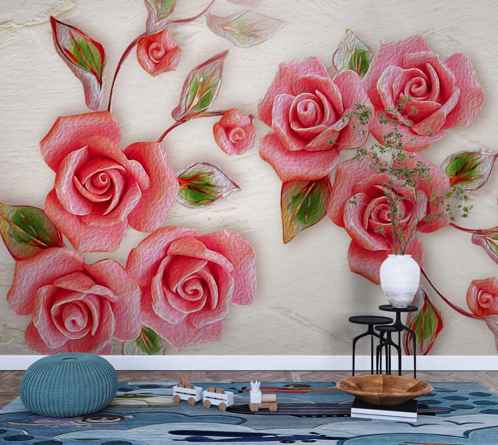 Fotobehang een roze theeroos bloeit op een tak