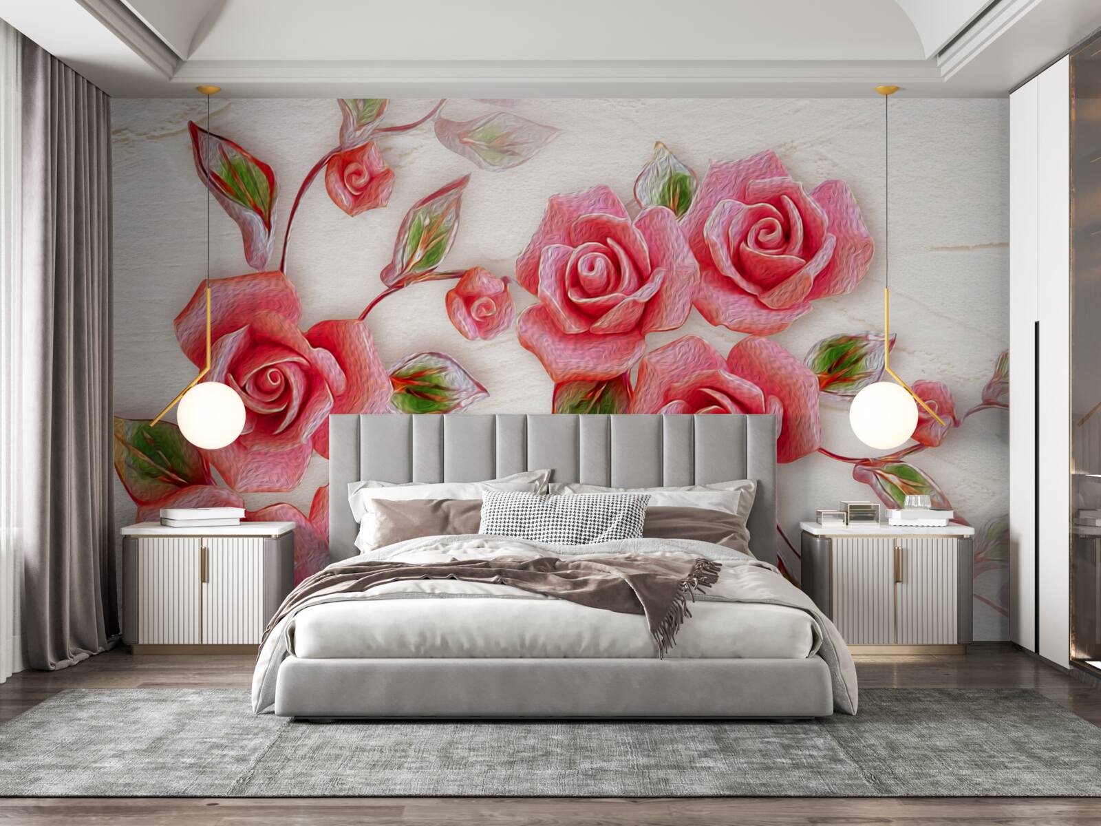 Fotobehang een roze theeroos bloeit op een tak